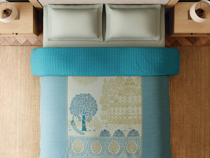 Spaces Sanjhi 100% Cotton 300 TC Abstract Aqua Double Quilt - 88 x 106 Inches