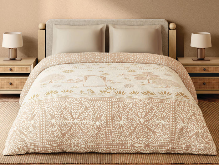 Spaces Sanjhi 100% Cotton 300 TC Floral Beige Double Quilt - 88 x 106 Inches