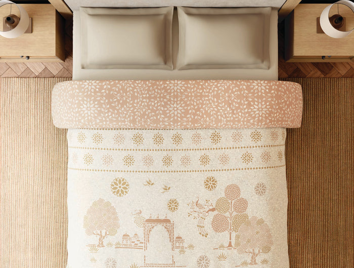 Spaces Sanjhi 100% Cotton 300 TC Floral Beige Double Quilt - 88 x 106 Inches