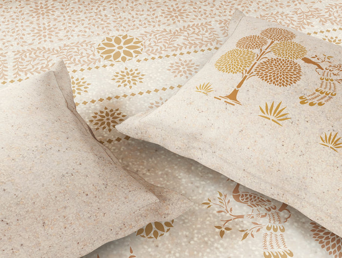 Spaces Sanjhi Beige Floral 100% Cotton 300 TC Large Bedsheet with 2 Pillow Covers - 108 x 108 Inches