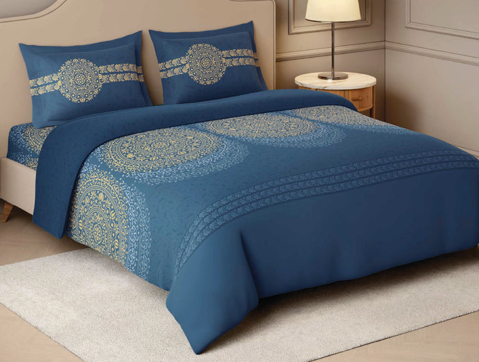 Spaces Sanjhi Dark Blue Ornate 100% Cotton 210 TC Large Bedsheet with 2 Pillow Covers - 108 x 108 Inches