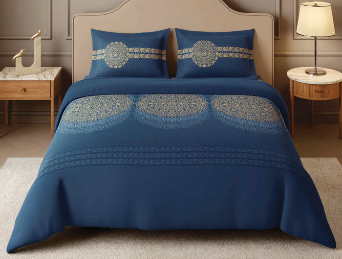 Spaces Sanjhi Dark Blue Ornate 100% Cotton 210 TC Large Bedsheet with 2 Pillow Covers - 108 x 108 Inches