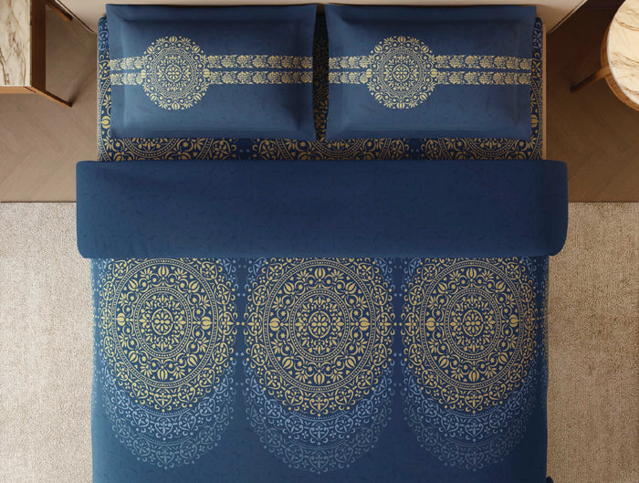 Spaces Sanjhi Dark Blue Ornate 100% Cotton 210 TC Large Bedsheet with 2 Pillow Covers - 108 x 108 Inches
