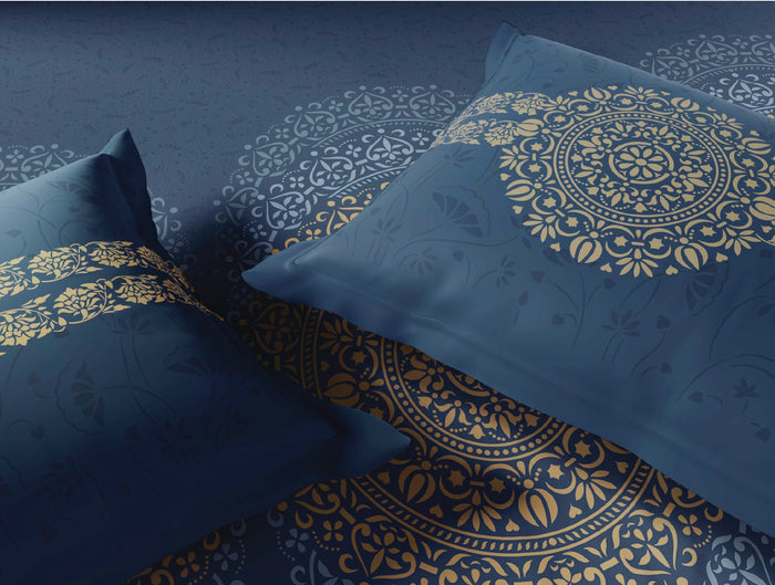 Spaces Sanjhi Dark Blue Ornate 100% Cotton 210 TC Large Bedsheet with 2 Pillow Covers - 108 x 108 Inches