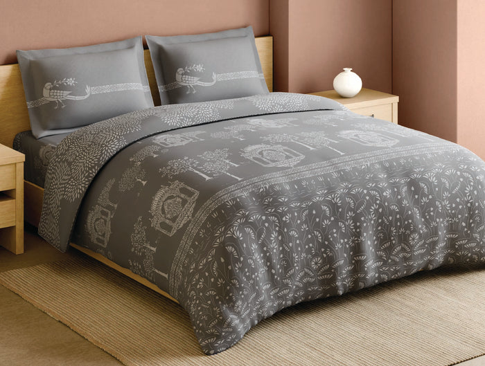 Spaces Sanjhi Grey Floral 100% Cotton 210 TC Large Bedsheet with 2 Pillow Covers - 108 x 108 Inches