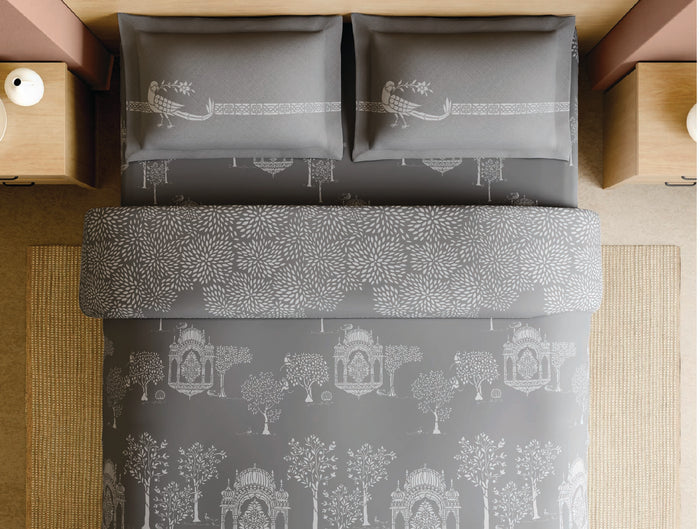Spaces Sanjhi Grey Floral 100% Cotton 210 TC Large Bedsheet with 2 Pillow Covers - 108 x 108 Inches