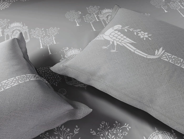 Spaces Sanjhi Grey Floral 100% Cotton 210 TC Large Bedsheet with 2 Pillow Covers - 108 x 108 Inches