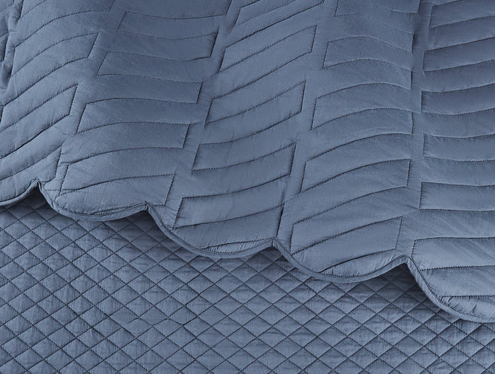 Spaces Scallop Blue Solid 100% Cotton Double Coverlet with 2 Pillow Covers - 87 x 106 Inches