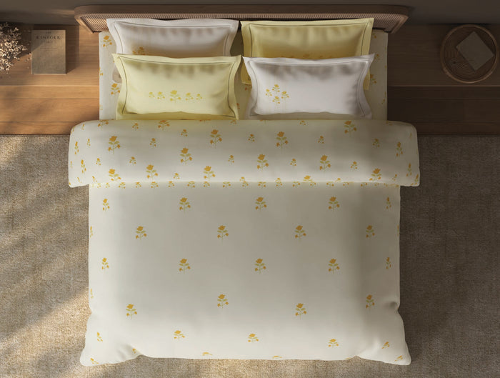 Spaces Sierra Light Yellow Floral 100% Hygro Cotton 210 TC Large Bedsheet with 4 Pillow Covers - 108 x 108 Inches