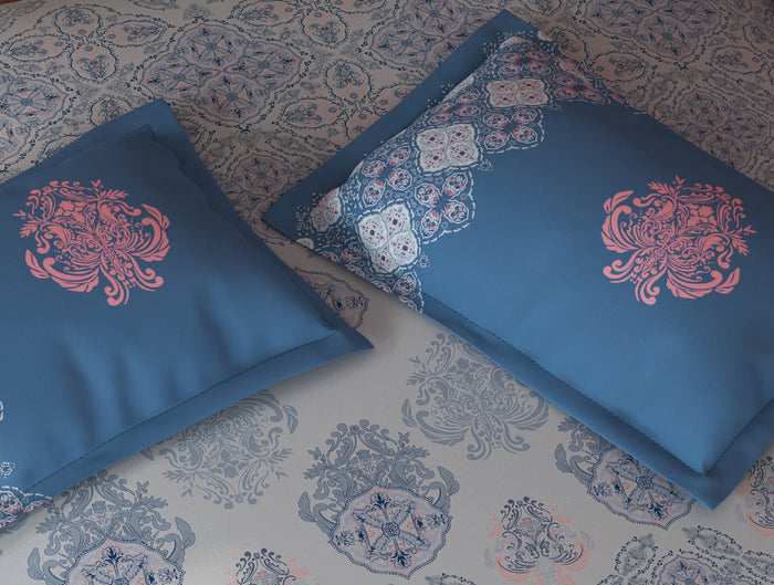 Spaces Tvara Light Blue Ornate 100% Cotton Large Bedsheet with 2 Pillow Covers - 108 x 108 Inches