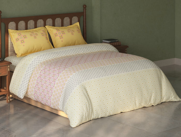 Spaces Tvara Light Yellow Floral 100% Cotton Large Bedsheet with 2 Pillow Covers - 108 x 108 Inches