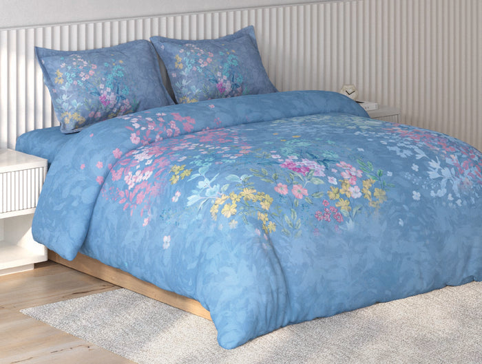 Spaces Vortex Light BLue Floral 100% Cotton Crafted Comfort Large Bedsheet with 2 Pillow Covers - 108 x 108 Inches