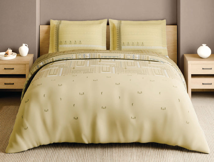 Spaces Warli Light Yellow Abstract 100% Cotton 210 TC Large Bedsheet with 2 Pillow Covers - 108 x 108 Inches