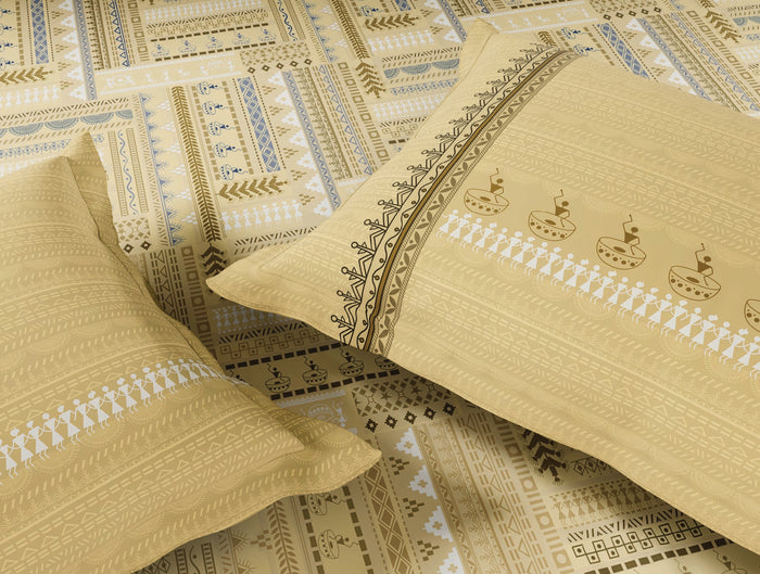 Spaces Warli Light Yellow Abstract 100% Cotton 210 TC Large Bedsheet with 2 Pillow Covers - 108 x 108 Inches