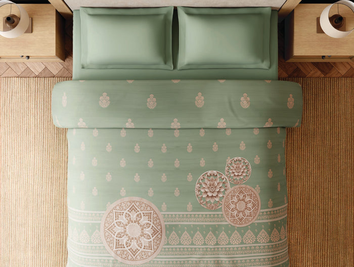 Spaces Wood Carving 100% Cotton 300 TC Ornate Light Green Double Quilt - 88 x 106 Inches