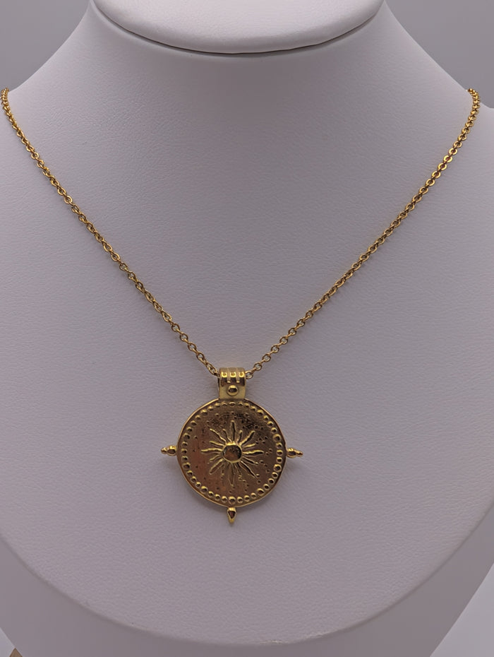 Stainless Steel Gold Plated PVD Sun Coin Pendant Necklace