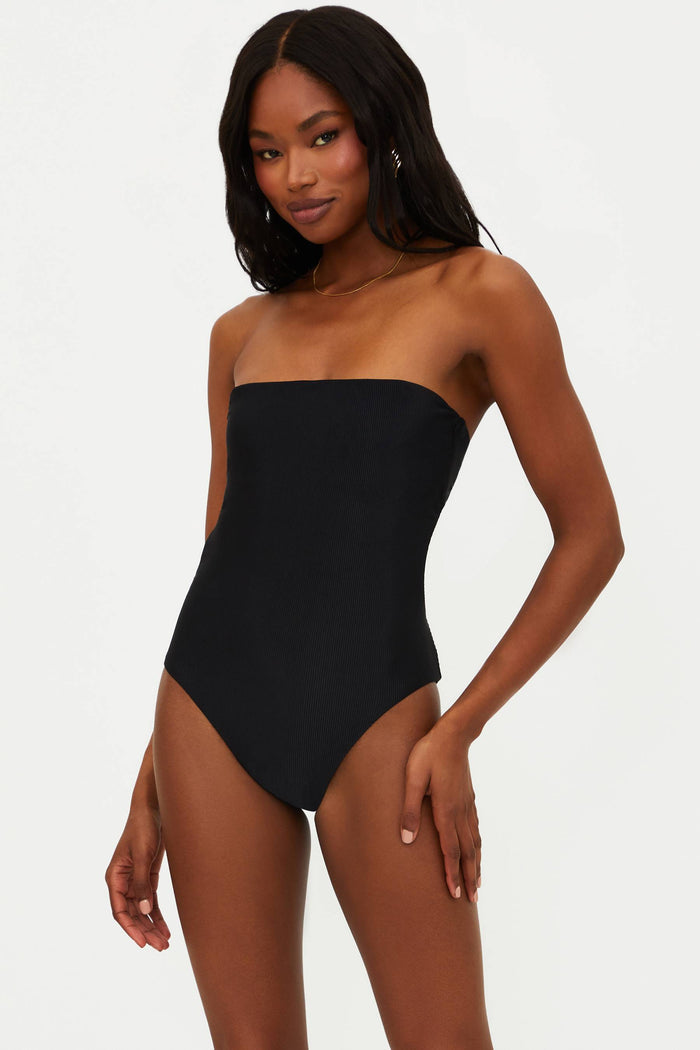 black ribbed strapless one piece swimsuit