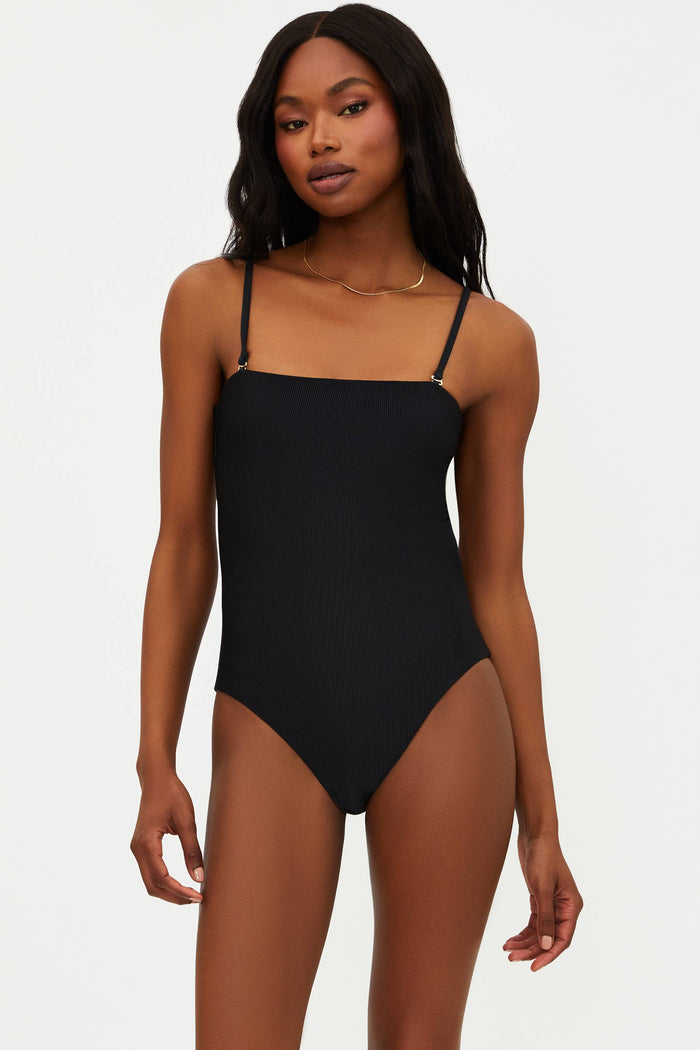 black ribbed strapless one piece swimsuit