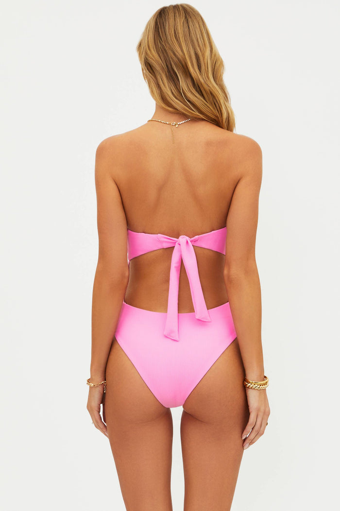 pink strapless ribbed one piece swim suit