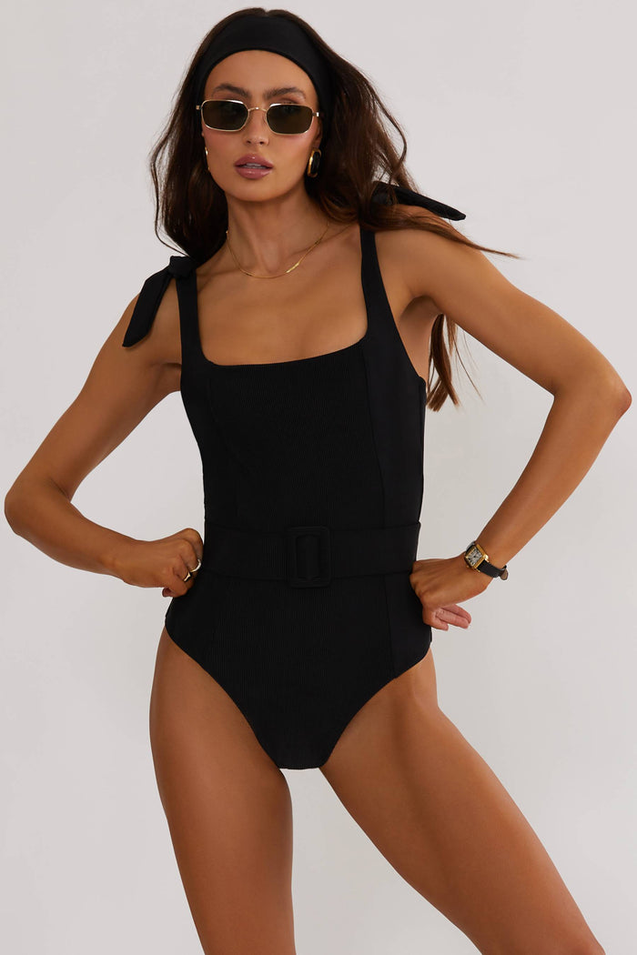 black ribbed one piece swimsuit