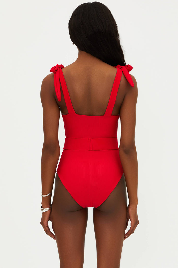 red ribbed one piece swim suit