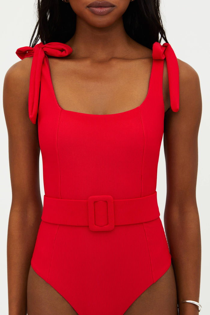 red ribbed one piece swim suit
