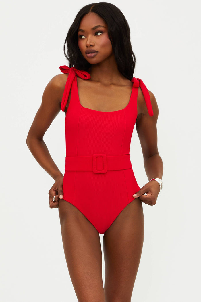 red ribbed one piece swim suit