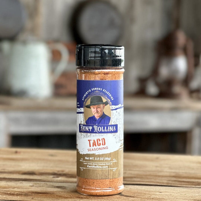 Kent Rollins Taco Seasoning 3.5 oz jar.