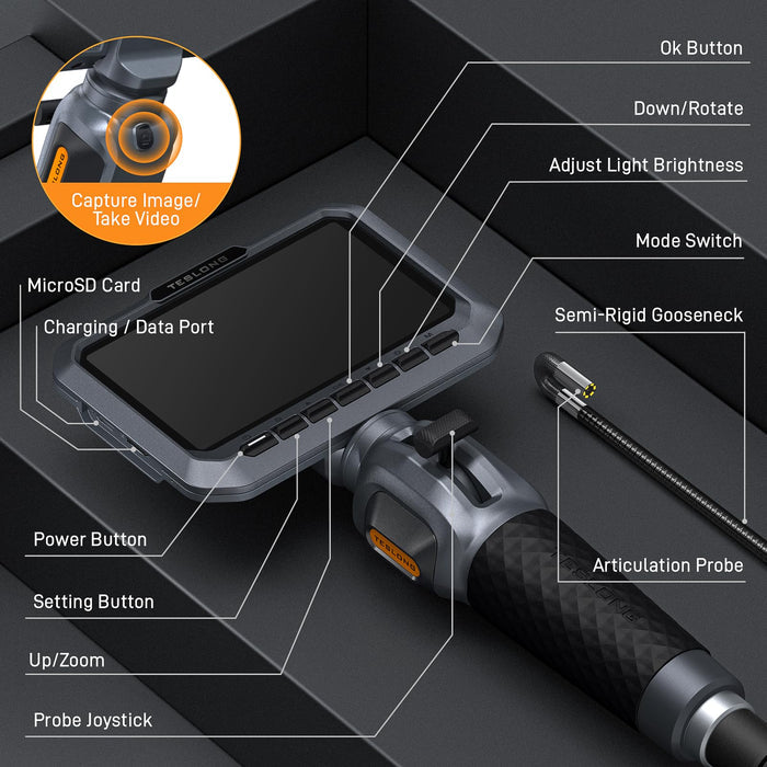 TD300P joystick, buttons, microSD slot and USB-C charging and data port