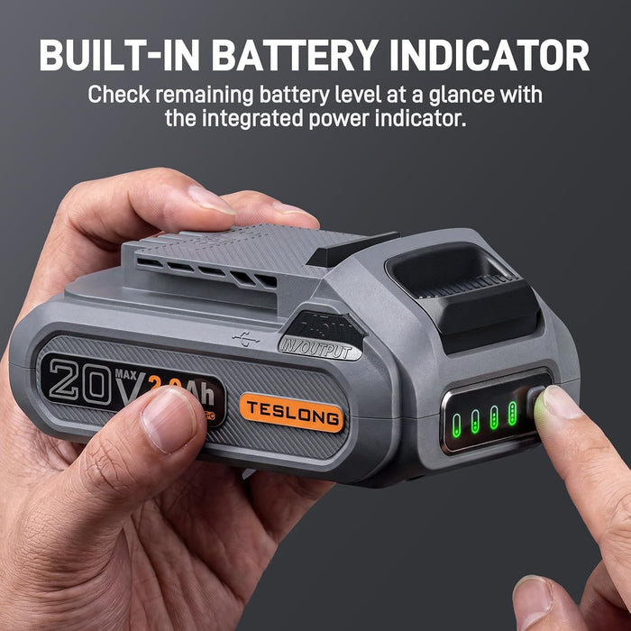 Built-in charge level indicator on the Teslong 20V 2.0Ah battery