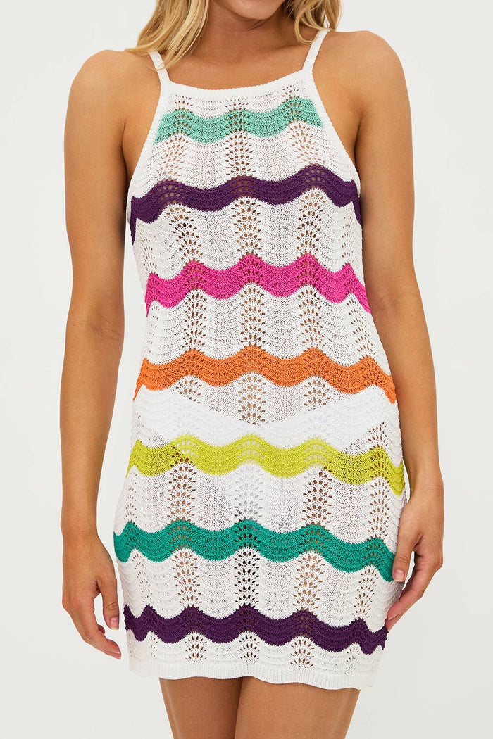 white crochet set with multi color stripes