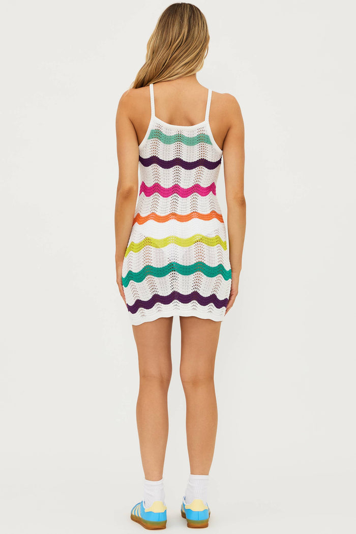 white crochet set with multi color stripes