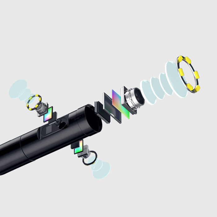 Triple-lens flexible inspection camera probe with black cable for tight-space inspections
