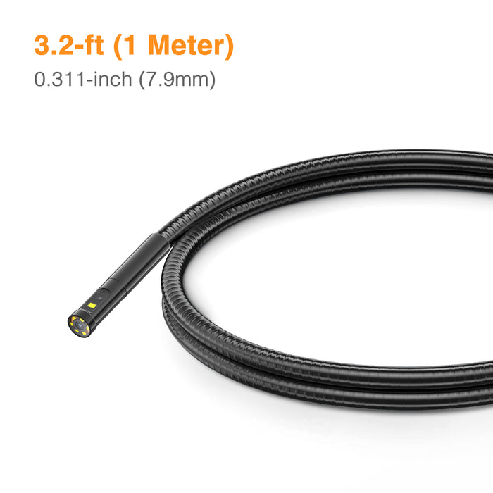 Triple-lens flexible inspection camera probe, 7.9 mm slim black cable, 1 m length