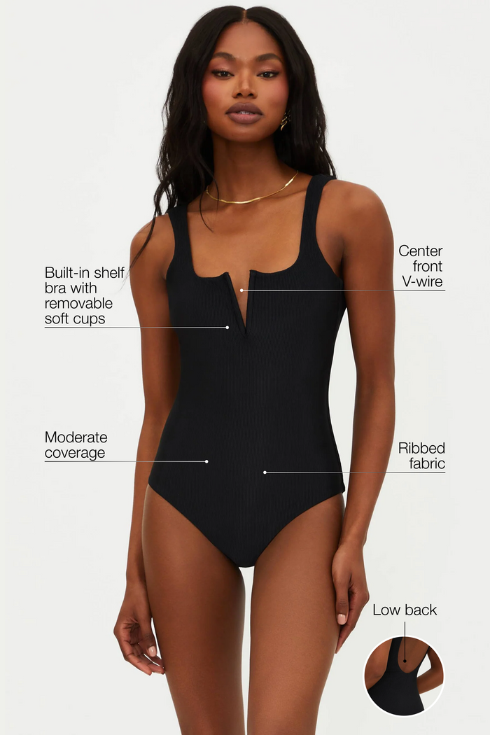 black ribbed one piece swimsuit