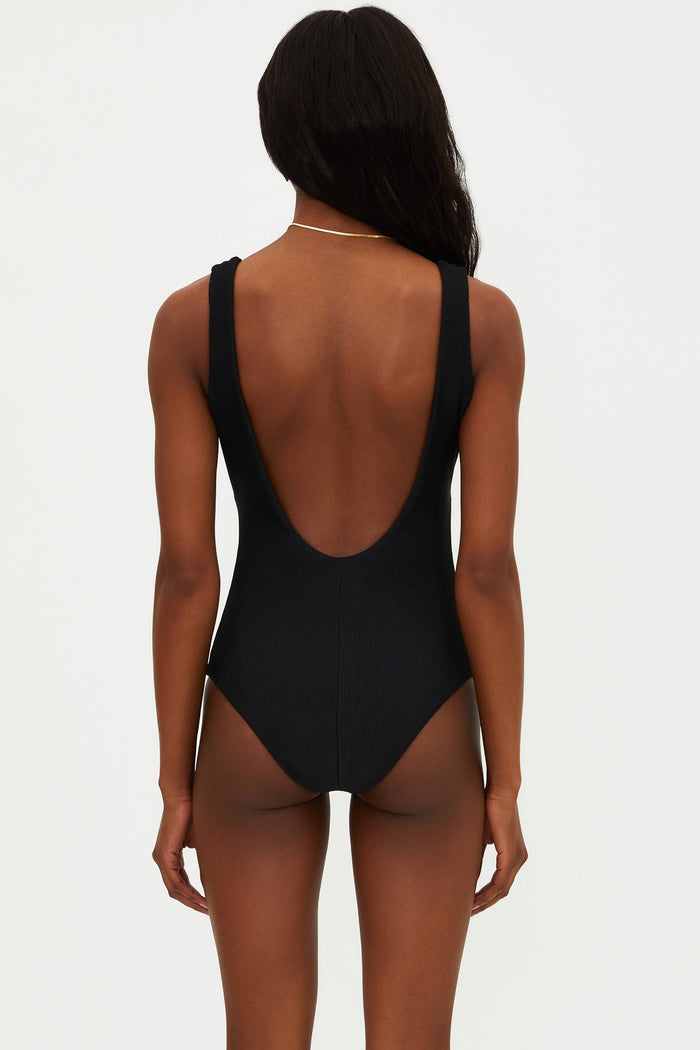 black ribbed one piece swimsuit