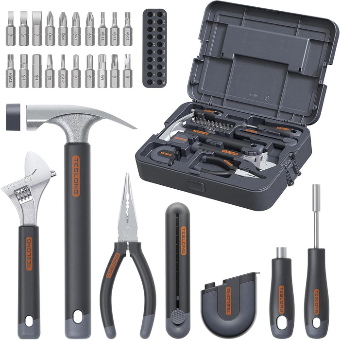 QuickFix toolkit with hammer, pliers, wrench, screwdrivers, bits, tape measure, knife and toolbox
