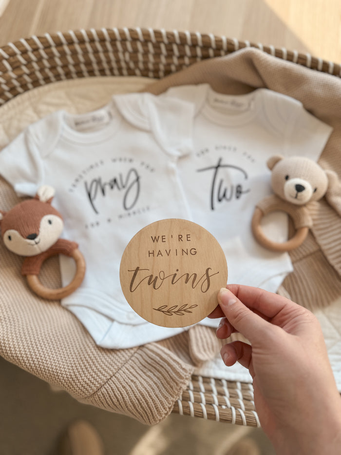 Twin baby announcement onesies (includes 2) - Pray for a miracle, God gives you two