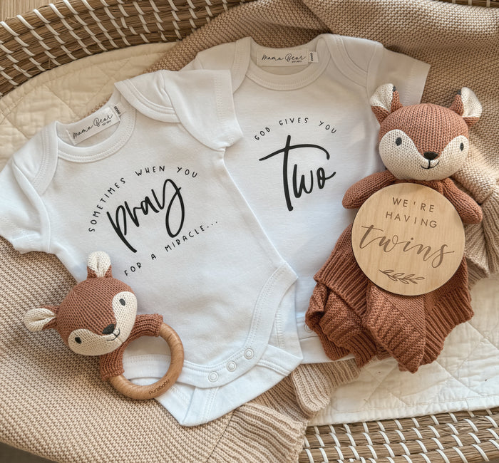 Twin baby announcement onesies (includes 2) - Pray for a miracle, God gives you two