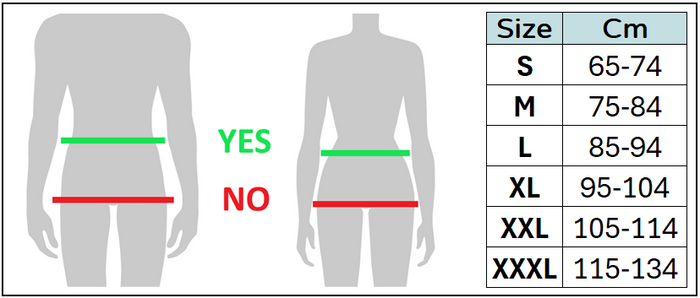 Size chart for unisex hernia belt/abdominal wrap with sizes in centimetres.
