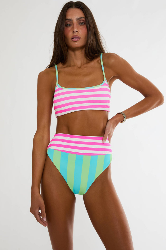 Green and pink striped colorblock bralette swim top and highwaisted bottom.
