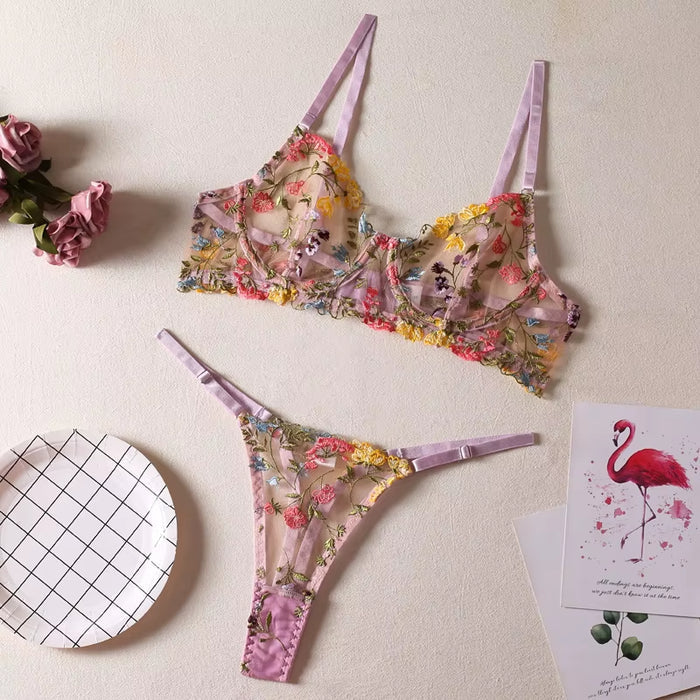 Wholesale Women's Embroidered Lace Bra and Thong Lingerie Set - Elegant Transparent Underwear
