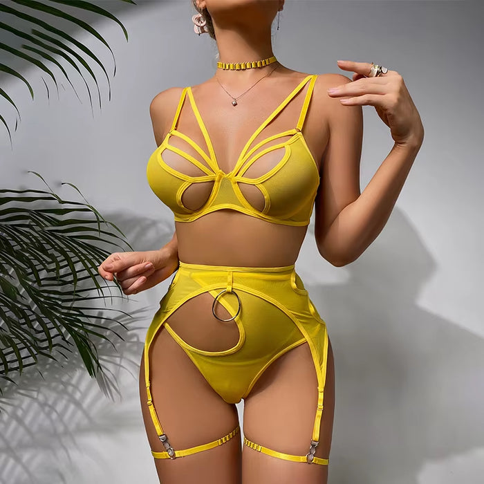 Wholesale Women's Halter Bandage Bra Set with Garter Belt - Elegant Mesh Yellow Transparent Lingerie