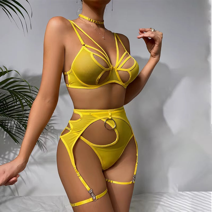 Wholesale Women's Halter Bandage Bra Set with Garter Belt - Elegant Mesh Yellow Transparent Lingerie