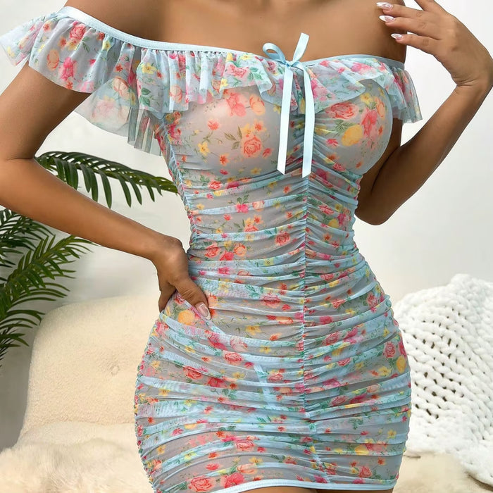 Women's Floral Print Mesh Underwear and Pleated Pajama Set - Elegant Cross-Border Design