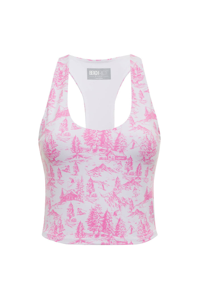 White tank top with pink mountain pattern on a white background