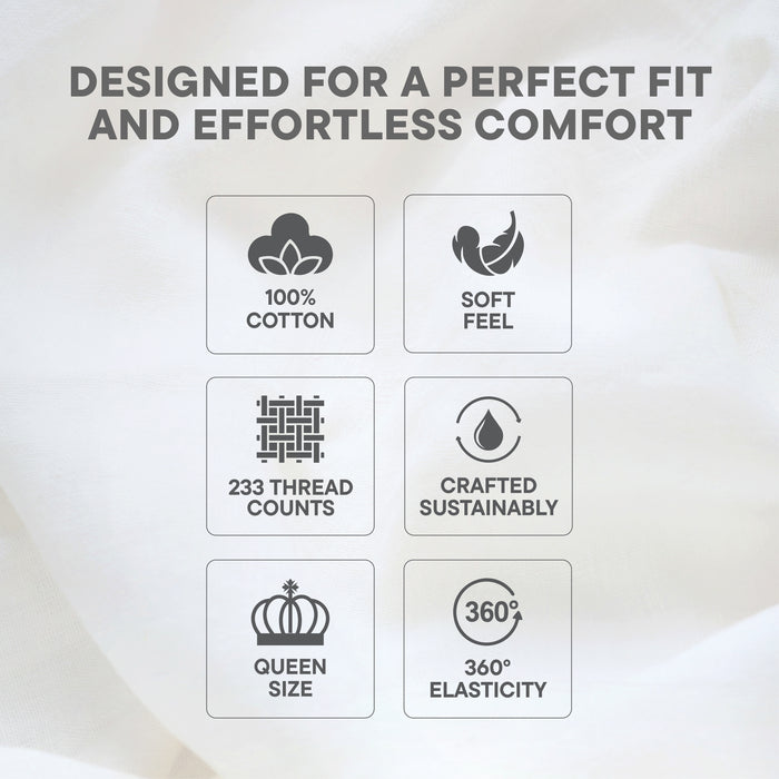 Zephyr 100% Cotton Fitted Queen Bedsheet, 233 TC, Solid, White
