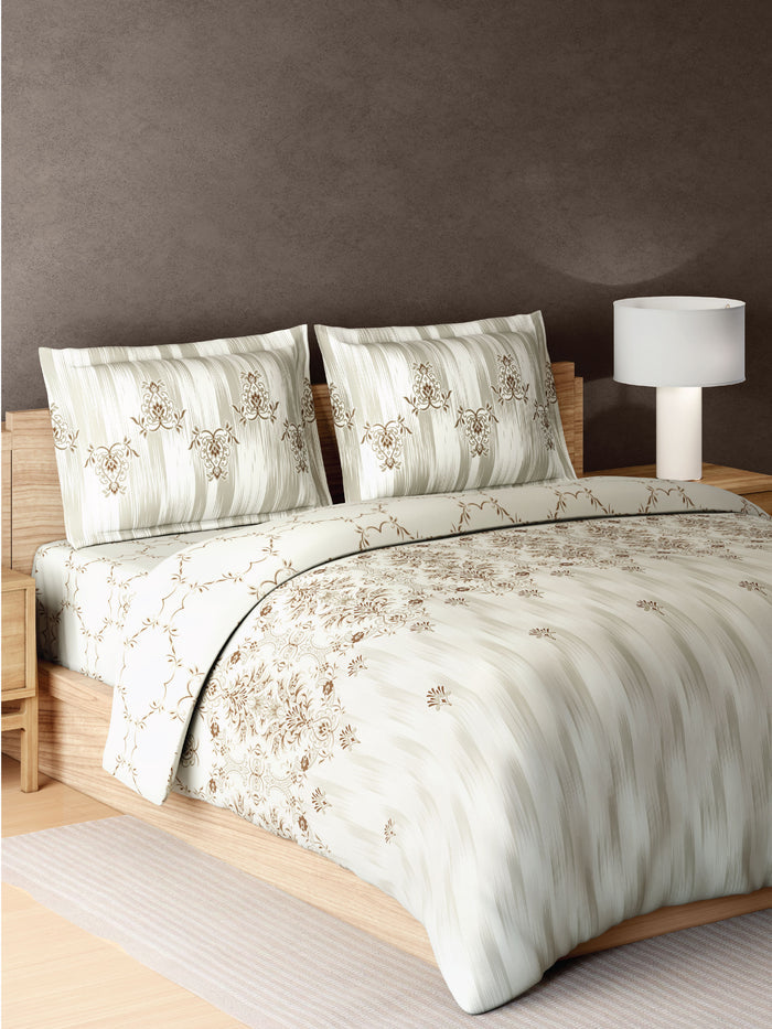 Zera Hygro Cotton 233 TC Percale Ornate Print Double Bedsheet with 2 Pillow Covers, Beige