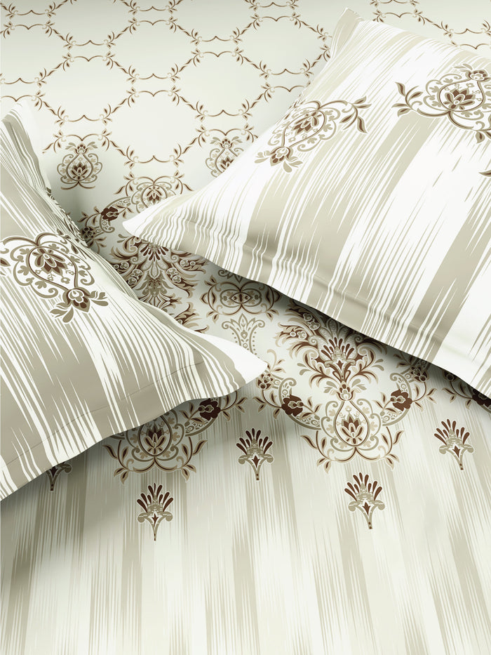 Zera Hygro Cotton 233 TC Percale Ornate Print Double Bedsheet with 2 Pillow Covers, Beige