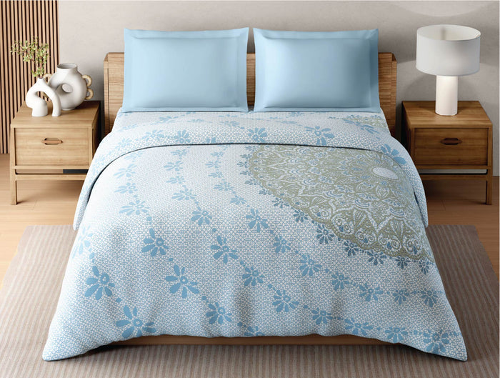 Zera Hygro Cotton 233 TC Percale Ornate Print Double Quilt, Light Blue